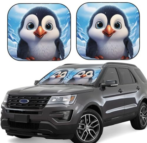 2 Stück Auto Windschutzscheibe Sonnenschutz Faltbare Frontscheibe Schatten für Auto Lustiger Auto Sonnenschutz Cartoon Niedlicher Pinguin Auto Frontscheibe Abdeckung Sonnenblende für die meisten