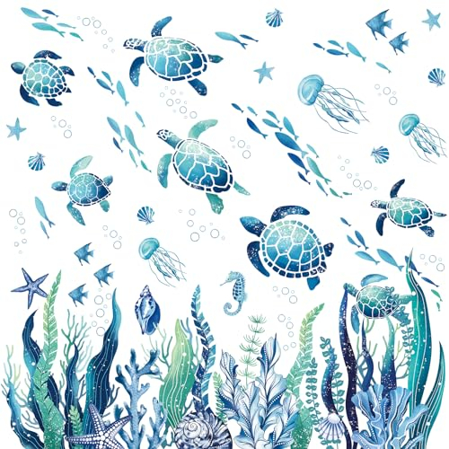 decalmile Pegatinas de Pared Bajo el Mar Algas Vinilos Decorativos Marina Oceano Tortuga Peces Medusas Adhesivos Pared Habitación Infantiles Niños Bebés Guardería Baño
