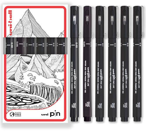 Uni Pin Fineliner Zeichenstift-Set, 0,05, 0,1, 0,2, 0,3, 0,5, 0,8 mm, in Geschenkbox-Verpackung, Schwarz, 6 Stück