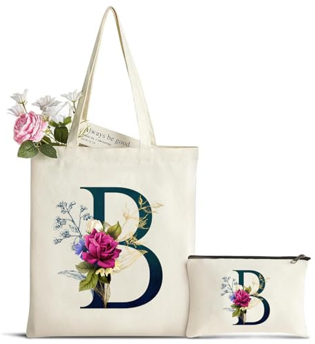 Personalisiert Initialen Tragetasche Canvas mit Innentasche, Kosmetiktasche mit Reißver, Baumwolltasche, Einkaufsbeutel Tote Bag, Geburtstag Weihnachten Geschenk für Frau Freundin Mama Brautjungfer B
