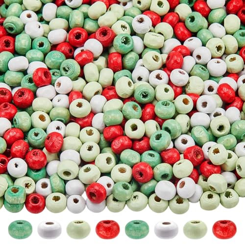 SUNNYCLUE 800 Stück 4 Farben Weihnachts Holzperlen Bunte Holzperle 5mm Grün Rot Weiß Europäische Weihnachts Winterferien Runde Abstandshalter Lose Mini Perle Für Armbänder Schmuckherstellung DIY Bast