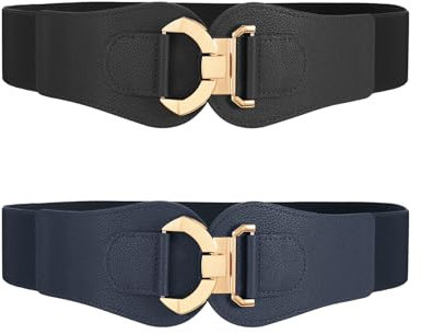 WERFORU 2 Stück Damen Breiter Gürtel Elastischer Taillengürtel für Kleider Goldener Schnalle Gürtel für Damen