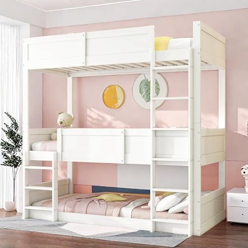 Sapgaks Etagenbett für Kinder, 3 Plätze, 90 x 200, Kinderbett mit Barriere, Hochbett, Treppe, Lattenrost aus Massivholz, Design Hochbett aus Holz, Weiß