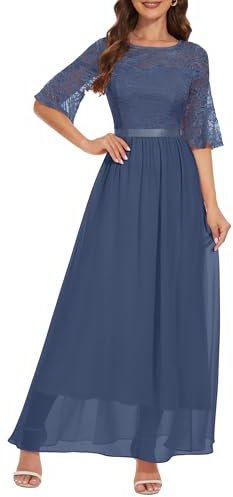 Wedtrend Robe de soirée élégante pour mariage - Robe maxi en dentelle - Col rond - Robe de cocktail en mousseline de soie avec manches évasées, Gris violet., XS