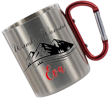 Crealuxe Edelstahltasse mit Karabiner - Wander Woman mit Wunschname - 330ml, Tasse personalisiert, Kaffeetasse, Bürotasse, Metalltasse mit Name, Wanderzubehör