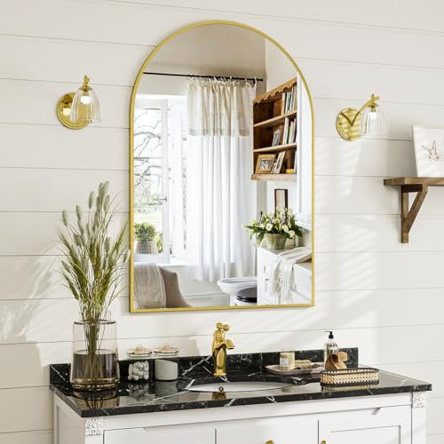 BEAUTYPEAK Bogen Wandspiegel mit Gold, 61x91 cm Bruchsichere Aluminiumlegierung Rahmen Bad Spiegel, Wand montierbar und zuverlässige Bogen Wandspiegel, geeignet für Schlafzimmer, Eingang, Bad
