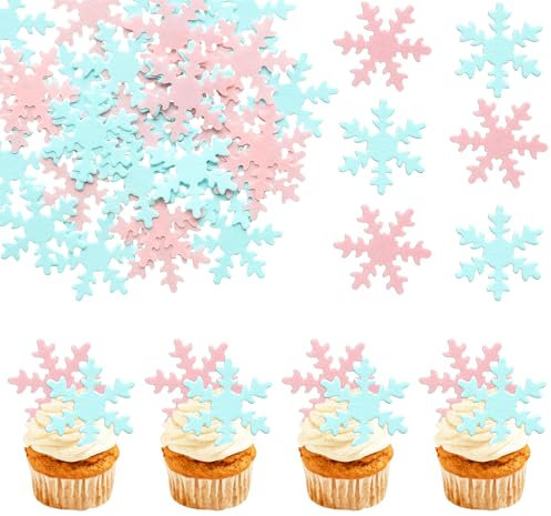 Gyufise 50Pcs Pink Edible Cupcake Cake Toppers Snowflake Cake Decorations for Christmas Winter Frozen Theme Party Supply Decoration Blue Pink