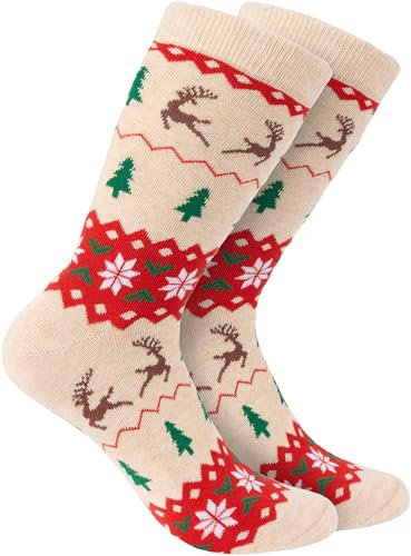 BRUBAKER 6 Paar Weihnachtssocken für Damen und Herren - Weihnachtsmuster Beige - Baumwolle Socken Weihnachten - Größe 35-40