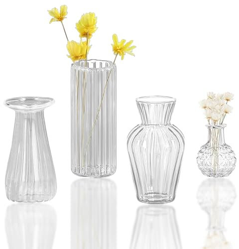 MIUPOO Sehr Kleine Vase,Mini Kleine Glasvasen Blumenvasen Mini Vasen Set für Tischdeko Tafelaufsätze Hochzeitsdeko Wohnzimmer Couchtisch Badezimmer,5cm,4 Stück Gestreifte Vasen