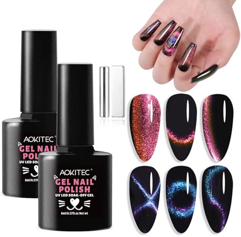 Aokitec Cat Eye Gel Nail Polish Set: Black Red Dual-color Shimmer Magnetic Nail Polish Gel with Magnet, 9D Holographic U V LED Lamp Halo Gel Polish for Manicure Starter Nail Art Kit Salon DIY Gift