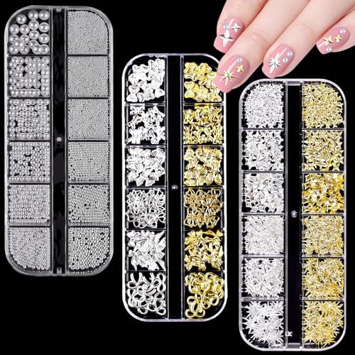 lafo 3 Schachteln Nail Charms Set, 36 Arten Nageldekoration mit Gold Silber Stern & Schleifen, Weiße Perle und Strasssteine für Nail Art Design | Nageldesign Zubehör (A)