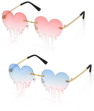 Becellen 2 Stück Herz Sonnenbrillen, Bunte Hippie Sonnenbrille Einzigartige Festival Coole Sonnenbrille Disco Durchsichtige Partybrille Mode Rot Herz Brille für Damen Herren