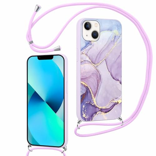 ZhuoFan Handykette für iPhone 13 Mini Hülle 5,4'' mit Band, Aesthetic Marmor Muster Verstellbarer Halskette Handyhülle mit Kordel zum umhängen Violett Silikon Stoßfest Schutzhülle mit Kette, Marble