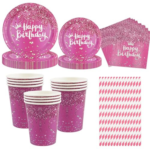 Vaisselle de fête Rose Or Rose,50pcs Diamants 23cm/18cm Assiettes en Carton Gobelets Serviettes Pailles Bling Clair Anniversaire Vaisselle de fête pour Happy Birthday, Fête de Mariage, Décorations de