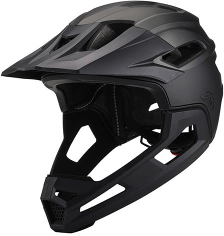 Mountain Bike Helmet for Adult Breathable Shock-Proof Pc Full Face Bike Helmet with Detachable Chin Holder & Visor Adjustable Unisex Black for Biking Outdoor Full Face