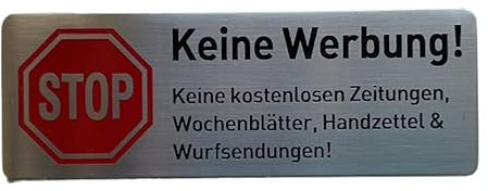 Edelstahl-Türschild 'Keine Werbung', Stop-Symbol, Briefkastenschild, Selbstklebend 85x30 mm (1 Stück / 1 pc)