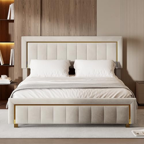 Mutuolux Lit Coffre 140x200 de Rangement avec Tête de Lit Matelassée, Lits Double avec Hydraulique et sommier à Lattes,Cadre en Velours Blanc avec Bordures Dorées,pour Adolescents et Adultes,Beige