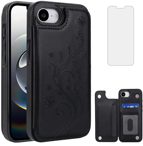 Schutzhülle für iPhone 16e/SE 2025/SE 4, mit Displayschutzfolie aus gehärtetem Glas, Kartenhalter, Standfunktion, Lederzubehör, iPhone 16e, i16e, SE4, 4. Generation, 16eCase, Schwarz