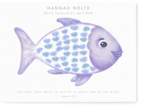 Taufgeschenk Gästebuch Taufe Gästebild personalisierte Leinwand für Fingerabdrücke Fisch Gästebuch alternative Geschenkidee Baum Geschenk Erinnerung 30x40 cm (Lila - OHNE Farbe)