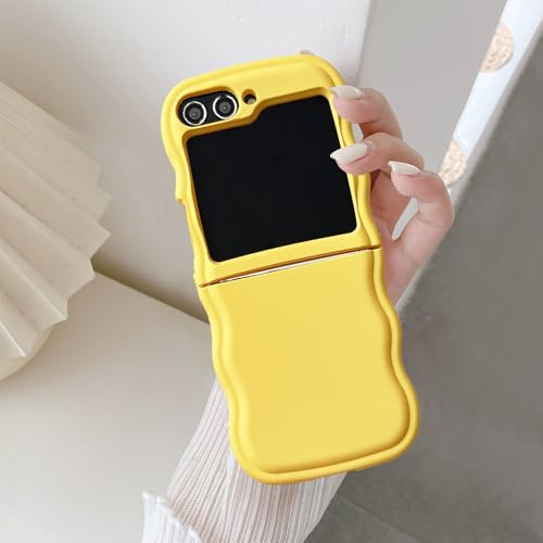 UEEBAI Wave Frame Case for Samsung Galaxy Z Flip 5/6 5G, Cute Wave Frame Slim Fit Shockproof Phone Bumper Cover Soft Pretty Curly Wavy Case Anti-Scratch TPU Case - Yellow