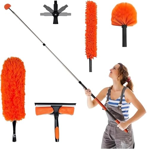 gresonic Kit de Nettoyage pour plumeau Haute portée de Télescopique Réglable1,5m-6m pour Nettoyer Les Ventilateurs de Plafond élevés, Le Lavage de fenêtres, Les poussiéreuses de Vaches et de Plume