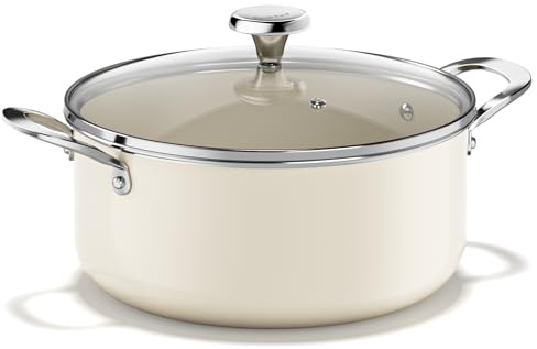 Redchef Ceramic Stock Pot with Lid, Soup Pot for All Stoves, 5 Qt Induction Cooking Pot for Soup Nonstick, Even Heating, Stay-Cool Handles, Oven/Dishwasher Safe, PTFE PFAS Free (Beige)