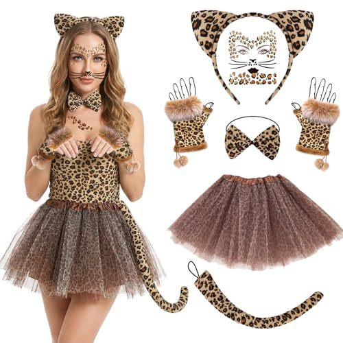 HTTDSLF 7 pièces Déguisement Leopard Femme Fille, Serre Tete Leopard Queue Tatouage Visage Nœud Papillon, Costume Animaux Léopard Deguisement pour Cosplay Halloween Carnaval Thème Fête