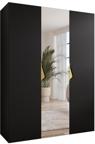 MEBLE KRYSPOL - Kleiderschrank - Garderobenschrank - 150 cm x 202 x 52 cm - Schrank mit Kleiderstange und Spiegel, 3 Türen - für Schlafzimmer, Flur - SANDI, Schwarz, Griff Gold