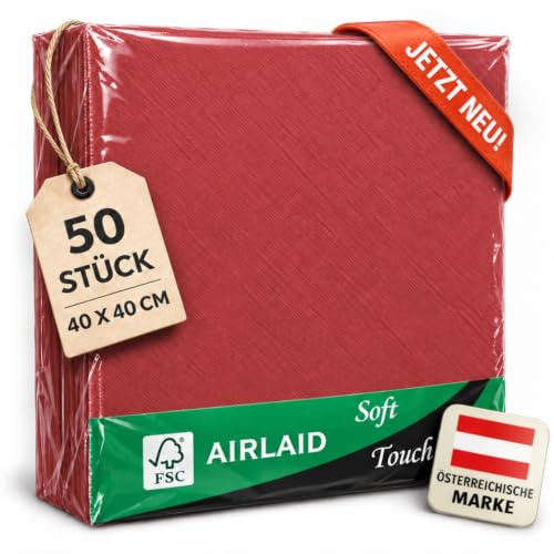 EV® Airlaid Servietten - 50 Stück, Rot (40 x 40 cm) - Stoffähnlich | Stilvolle Tischdeko - Einfarbig, Saugstark & Elegant - Ideal für Hochzeit, Geburtstage & Feste