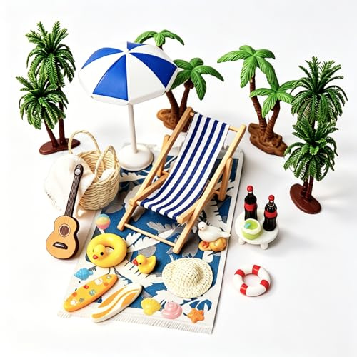 Lot de 26 micro paysage de plage miniature - Décoration DIY avec chaise de plage, parasol, palmier, chaise de plage et accessoires pour jardin, maison de poupée et micro paysage
