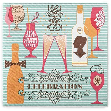 Sovie HOME Serviette CELEBRATION in Mint-Orange aus Linclass Airlaid, 40 x 40cm, 1/4 Falz, 12 Stück, elegantes Design mit Sektgläsern, Weingläsern, Flaschen und Ornamenten, Ideal für Partys