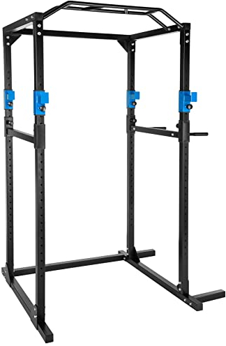 tectake Kraftstation Fitnessstation Power Rack Power Cage | Klimmzug-Doppelstange | Robuster Rahmen aus Stahlrohr (Blau Schwarz | Nr. 402737)