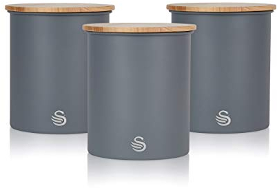 Swan SWKA17513GRYN Nordic Scandi Set of 3 Storage, Tea, Coffee and Sugar Canisters, Slate Grey, Steel, Bamboo Lid, One Size