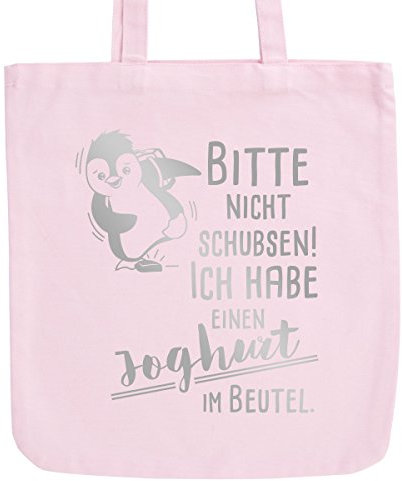 JUNIWORDS Jutebeutel, Pastellfarben, Pinguin Joghurt, Tasche: Pastellrosa, Schrift: Silber