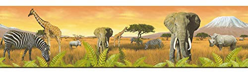 Frise papier peint animaux de la jungle | Frise tapisserie jungle motif animaux orange | Frise murale enfant animaux savane