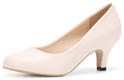Phorecys Women's Kitten Heels Round Toe Dress Court Shoes Work Comfort Pumps PU Beige US 6.5-UK 4