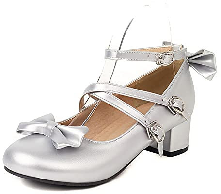 Mo Joc Damen Niedlichen Stil Schuhe Block Ferse Mary Jane mit Schleife(Silber1,41)