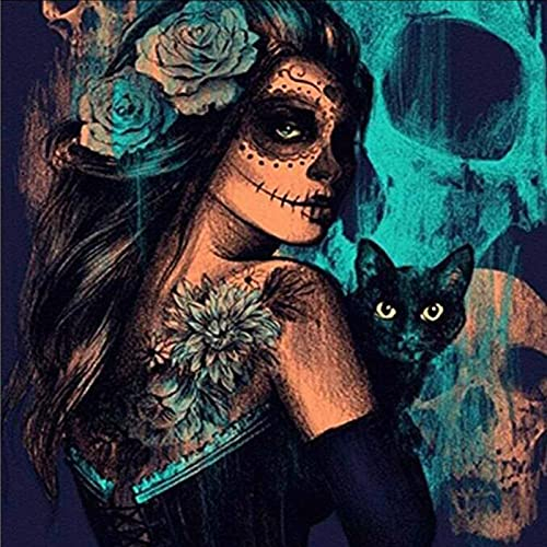 Aodafei Pintura Diamante Calavera y Gato,5D Diamond Painting Kit Completo Punto de Cruz Diamante,Terror Tema Gótico Cuadros de Diamantes Puzzle Pintar con Diamantes,30 x 30 cm