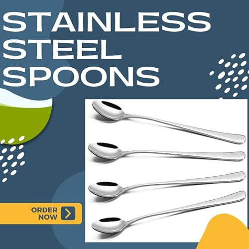 4x Long Handled Cocktail Spoons, Stainless Steel Coffee Latte Ice-cream spoon-UK
