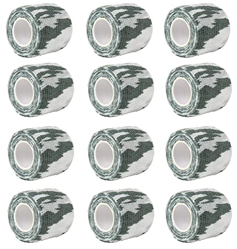 Larcele 12 Rollen Camouflage Band, Elastische Selbstklebende Klebebinde Camo Wrap-Verband für Camping Jagd, 5CMx4.5M, ZZTXBD-05 MEHRWEG (Schneeflocke Tarnung)