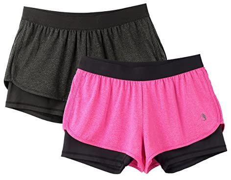 icyzone Damen Laufshorts 2 in 1 Sport Yoga Training Shorts Kurze Sporthose Laufhose, 2er Pack (Black/Blossom Pink, M)