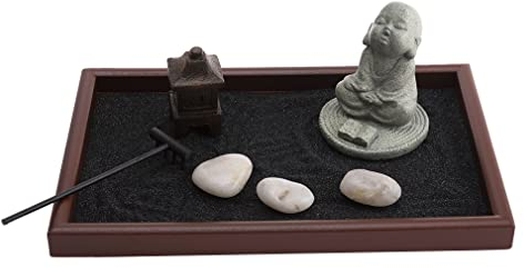 lachineuse - Jardin Japonais Moine Sagesse - Décoration Zen Intérieur Bonze Bouddhiste - Avec Sable Noir, Pierres & Rateau - Déco Zen pour Bureau - Objet Décoration Asiatique - Idée Cadeau Japonais