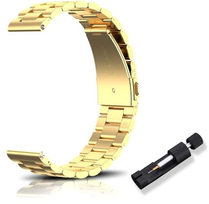 RoYiio Edelstahl-Ersatzarmband für Anstoßbreite 16mm,18mm,20mm,22mm, Armband mit Schnellverschluss, Schön Poliert, Edelstahl-Metallband für Damen und Herren - Gold