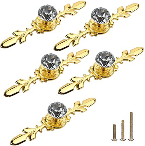 ESreake 5 Pack Large Sized Enlarged Diamond Clear Crystal Glass Decorative Knobs with Plate,Cabinet Cupboard Door Pulls Handles with Screws for Kitchen Office Decoration (5 Pack, Large, Golden)