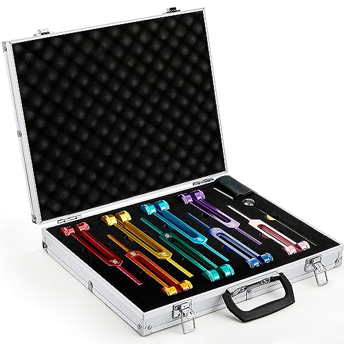 Fiada Tuning Fork Set Chakra Tuning Fork Multiple Hz Tuning Forks for Healing with Aluminum Box, Tuning Fork Hammer and Cleaning Cloth for Sound Yoga Meditation(126 Hz-272 Hz)