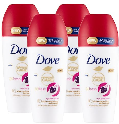 Dove Deodorante Go Fresh Roll-On con Bacche di Acai Protezione 48h 0% Alcol e Antitraspirante Profumo Fresco - 4 Flaconi da 50ml