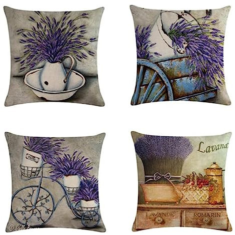 4er Set Kissenbezug 45x45cm Geometrischer Lavendel Leinen Dekokissen Kissenbezüge mit unsichtbarem Reißverschluss Square Kissenhülle für Sofa Schlafzimmer Couch Outdoor Kissen（Beidseitig Drucke）