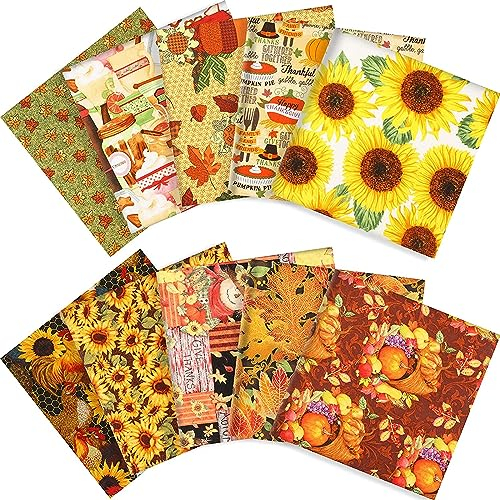 CraftsFabrics 10 Stück 50 cm x 50 cm Herbst Herbst Kürbis Sonnenblume Vogelscheuche Ahorn Fat Quarters Bundle Baumwollstoff Material für Thanksgiving, Quilten, Scrapbooking, Patchwork