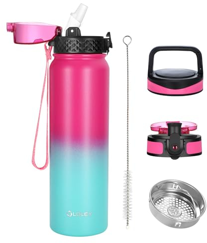 OLDLEY Stainless Steel Water Bottle with Straw 1L Vaccum Insulated Large Drink Flask Metal Water Bottles 1 Litre Leakproof Keep Drinks Hot Cold for Sports Gym with Different Lids(Rose Green, 3 Lids)