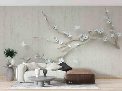 Poster Geant Mural Arbre floral blanc en relief 3D, 352 x 250 cm. Tableaux Muraux Photo Décoration Murale Salon Chambre